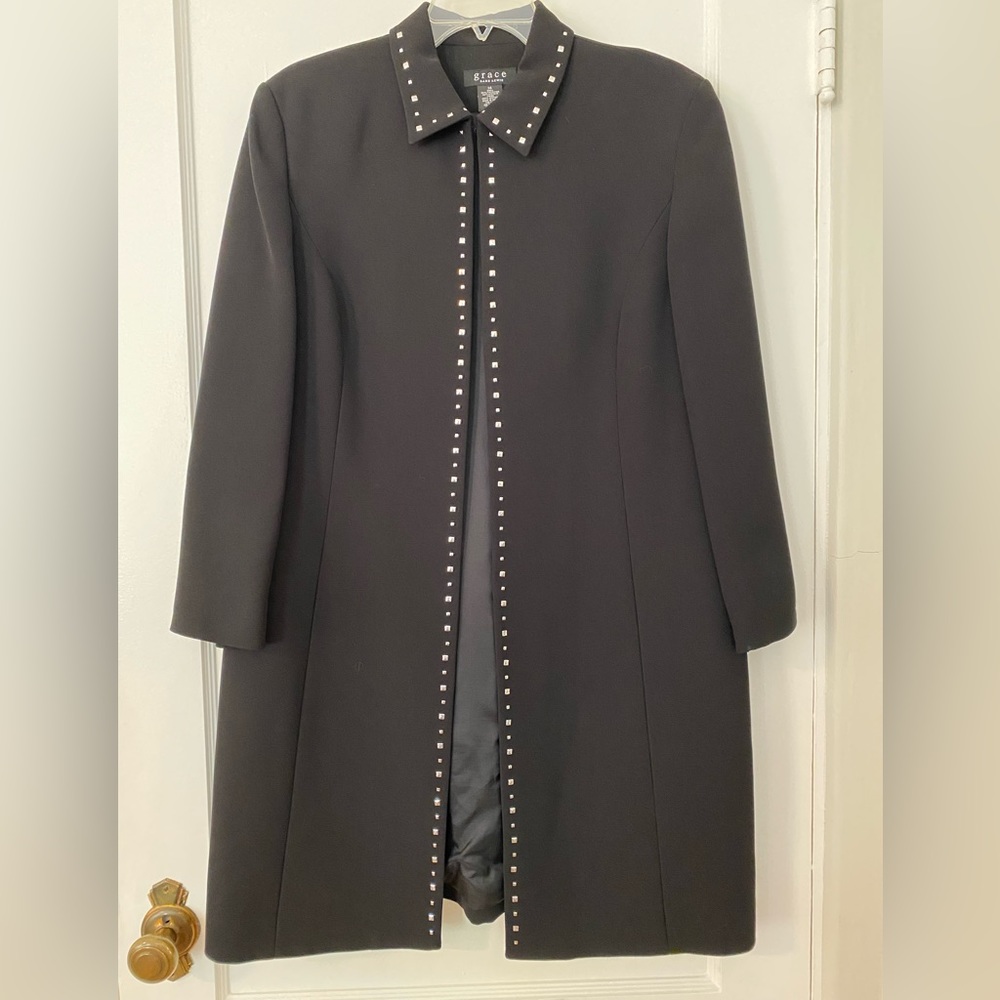 GRACE Dane Lewis Elegant Black Top Coat Blazer long dress jacket embellished 14